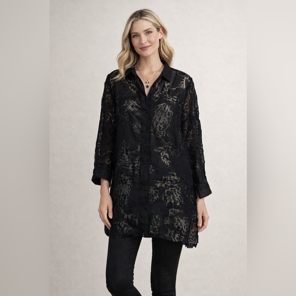 TanJay Black Sheer Burnout Tunic Blouse L Goth Boho Grunge Lagenlook Button Up